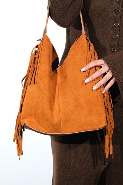 LuviShoes Vals Tan Suede Genuine Leather Tassel Women's Shoulder Bag