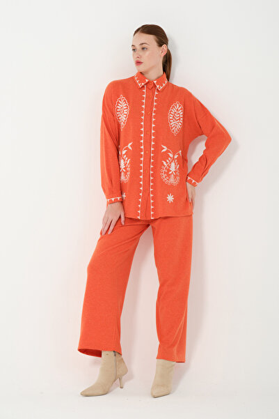 Hatun Atila Embroidered Hera Fabric Double Suit 8564 Orange