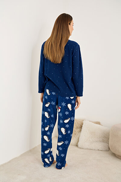 Siyah İnci синій пінгвін Вишитий з візерунком з нитками Полярний зимовий трикотажний піжамний комплект