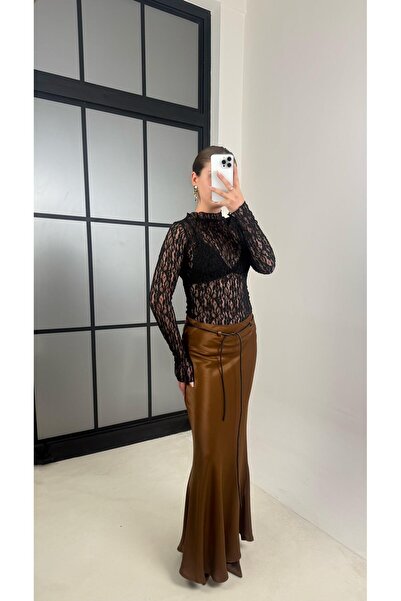 Gaus Coffee Belted Satin Skirt Gaus-00167