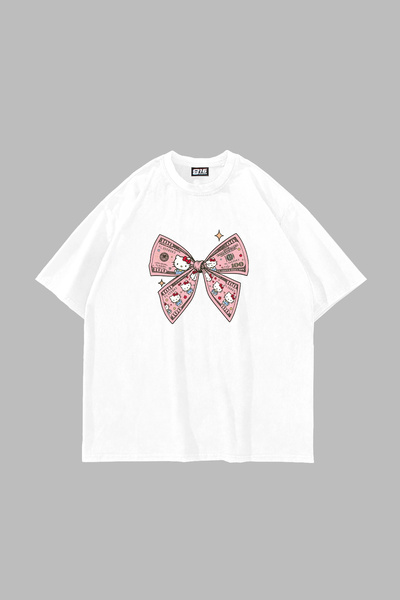 Sekizbiraltı H. Kitty Bow Printed Oversize Unisex White Tshirt