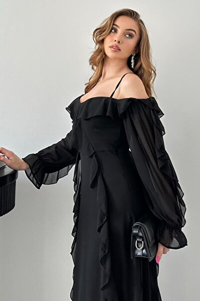 Elbee Fashion Woman Rochie neagră din șifon cu volane, căptușită, cu detaliu ...