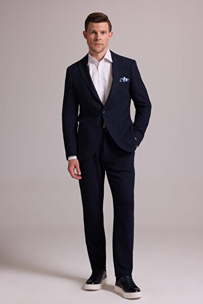 Ysf بدلة رجالية باللون الأزرق الداكن بقصة ضيقة وياقة مدببة