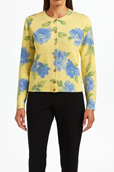 NOTCHTR Kadın Çiçek Desenli Bisiklet Yaka Sarı Triko Hırka