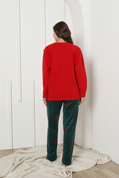 Siyah İnci kırmızı yılbaşı temalı Nakışlı Polar Kışlık Örme Pijama Takım