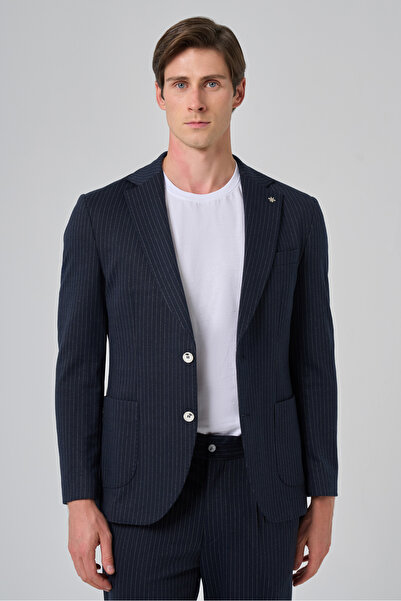 Morven Erkek Lacivert Poliviskon Trend Çizgili Slim Fit Mono Yaka Takım Elbise