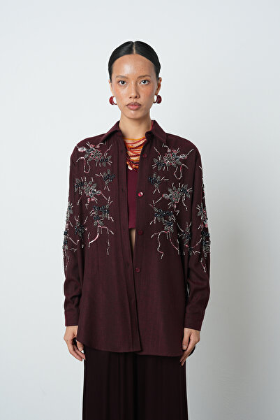 Orfeo Negro Women's Burgundy Color Oversize Shirt with Beading on the Front