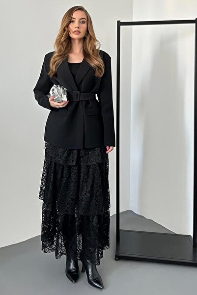 Elbee Fashion Woman Layered Detailed Lined Lace Skirt