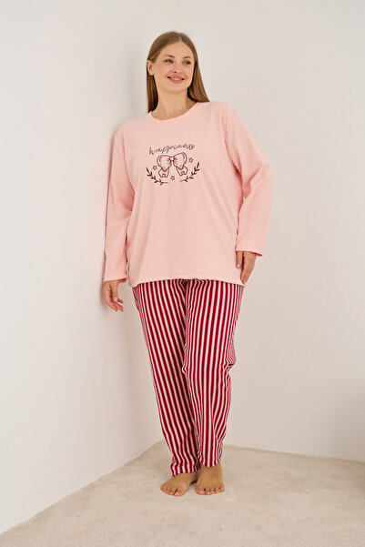 Siyah İnci Σετ πιτζάμες με ριγέ φιόγκο σολομού, κεντημένο με φλις μεγάλου μεγέθους, χειμερινό πλεκτό σετ πιτζάμες