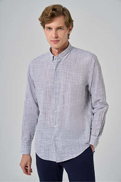 Morven Чоловіча сіра бавовняна сорочка з смужками Dynamic Fit та ґудзиковим коміром