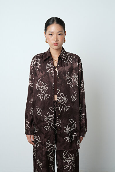 Orfeo Negro Women's Floral Patterned Brown Oversize Cut Shirt