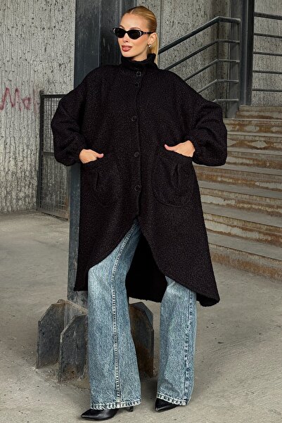 VAGGON Women's Black Double Pocket Asymmetrical Cut Button Closure Cashmere Coat Vs01285