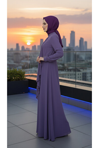 ALA MİRA Omuzu Taşlı Allerli Lila Tesettür Abiye Elbise ALM52045LİLA