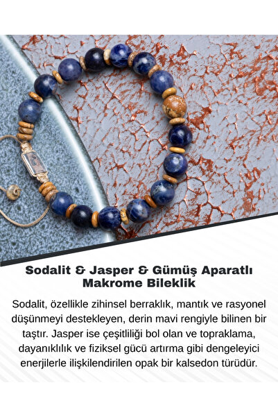 Saff Doğal Taş Sodalite & Jasper & Silver Macrame Bracelet with Silver Apparatus