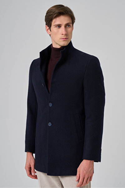Morven Men's Navy Blue Wool Plain Dynamic Fit Judge Collar Coat