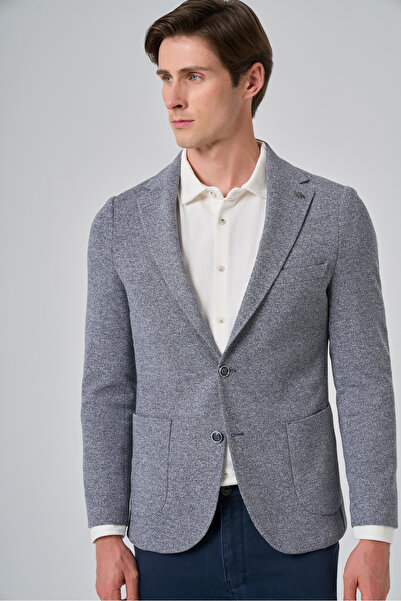 Morven Ανδρικό πλεκτό μπουφάν με μονό γιακά εφαρμοστό με μοτίβο σε μπλε ναυτικό χρώμα