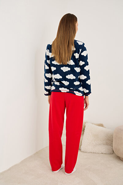 Siyah İnci Navy Blue Cloud Patterned Polar Winter Knitted Pajama Set