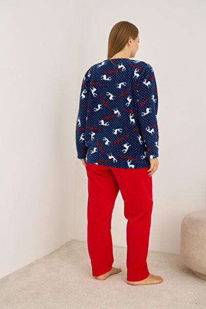 Siyah İnci Navy Blue Deer Patterned Winter-Themed Plus Size Fleece Winter Knitted Pajama Set