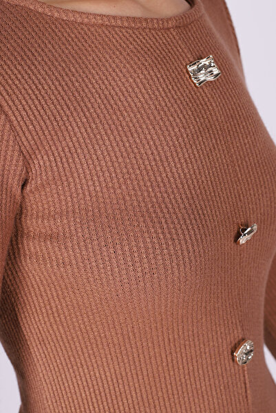 armonika Women's Light Brown Wide Neckline Long Sleeve Front Buttoned Bodycon Slit Dress Arm-26K001013