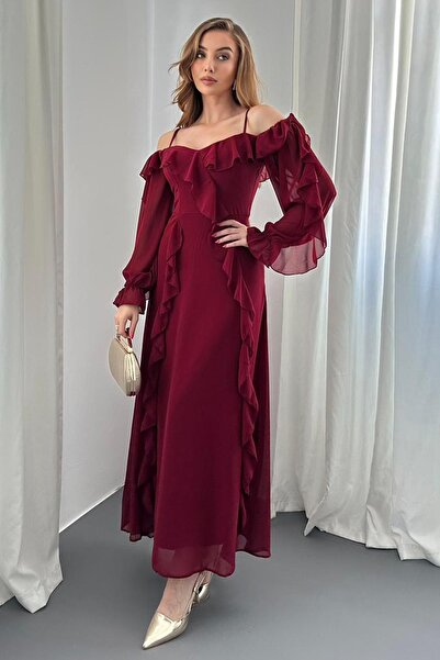 Elbee Fashion Woman Rochie din șifon cu volane, căptușită, cu detaliu pe umăr...