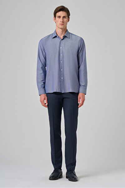 Morven Ανδρικό πουκάμισο με σκληρό γιακά με μοτίβο ζακάρ σε μπλε ναυτικό χρώμα