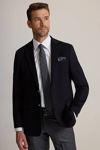 Ysf Erkek Siyah Regular Fit Mono Yaka Puntolu Yün-Kaşmir Karışımlı Blazer Ceket