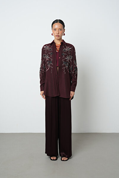 Orfeo Negro Women's Burgundy Color Oversize Shirt with Beading on the Front