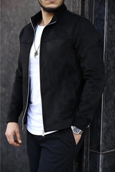 BM BALANCEMODA سترة ربيعية بياقة واقفة من جلد الغزال الأسود للرجال