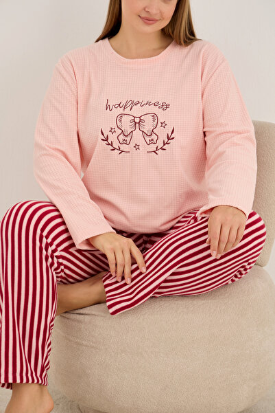 Siyah İnci Σετ πιτζάμες με ριγέ φιόγκο σολομού, κεντημένο με φλις μεγάλου μεγέθους, χειμερινό πλεκτό σετ πιτζάμες