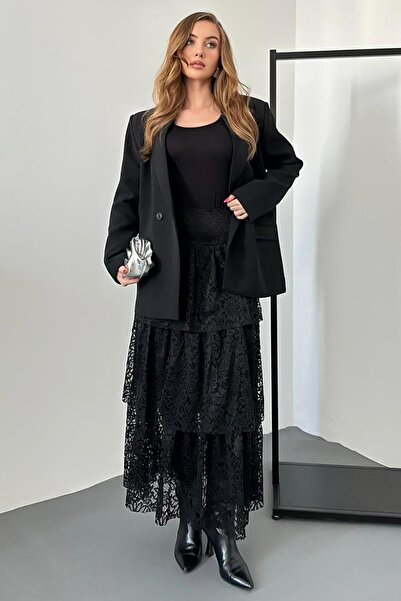 Elbee Fashion Woman Layered Detailed Lined Lace Skirt