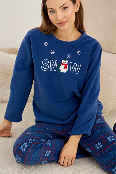 Siyah İnci Синій з візерунком на тему снігу Вишитий полярний зимовий трикотажний піжамний комплект