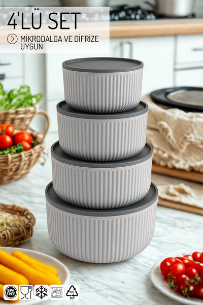 Salkım Damla Set of 4 Striped, Round Storage Container Set / 2.5Lt.- 1.5Lt.- 0.80Lt.- 0.45Lt.