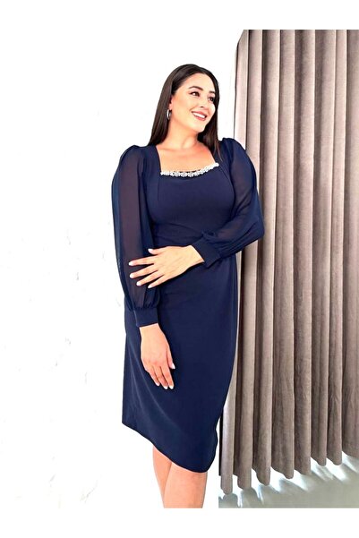 Şirin Butik Women's Navy Blue Plus Size Stretchy Evening Dress with Stone Detail