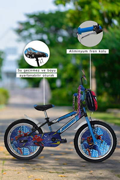 Joymax Erkek Çocuk Bisikleti 20 jant Mavi - Led Işıklı Örümcek a. Figürlü Çantalı,Püsküllü