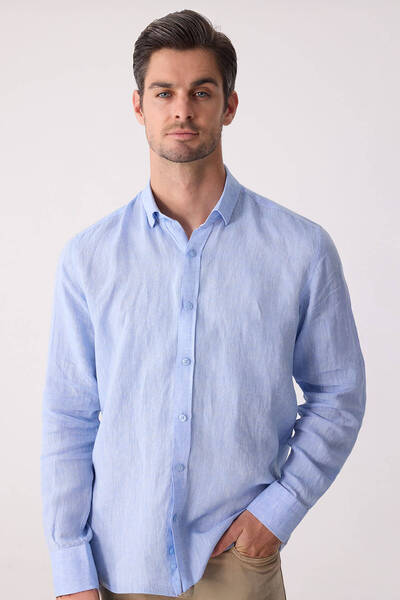 Ysf Men's Blue Slim Fit Classic Collar Linen Shirt