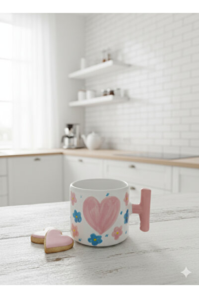 SeraCEY T Kulp Pink Heart Patterned Hand Embroidered Special Design Handmade Ceramic Mug