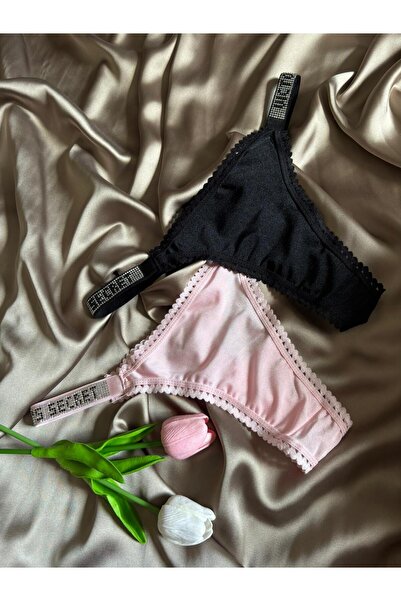 GORALİS JEWELRY 2'li Taş & Dantel Detaylı Pembe Siyah Lüks Külot