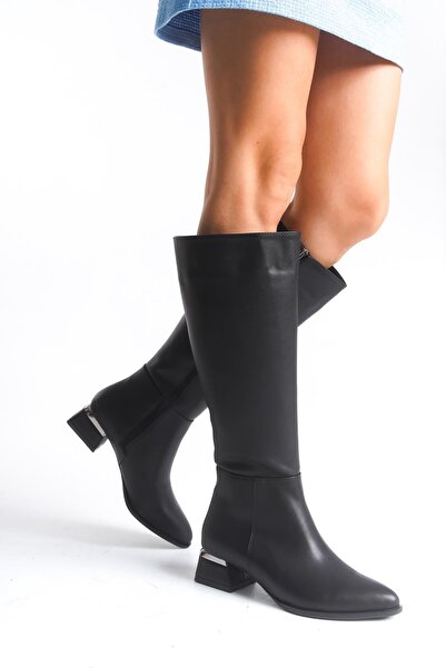 homiro Kadın Fermuarlı Düz Topuk Çizme - Siyah