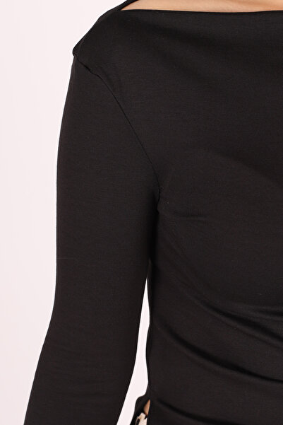 armonika Γυναικεία μαύρη ασύμμετρη μπλούζα με πλαϊνό κορδόνι ARM-26K042002