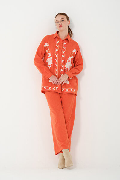 Hatun Atila Embroidered Hera Fabric Double Suit 8562 Orange