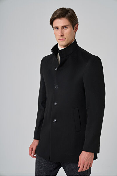 Morven Men's Black Patterned Judge Collar Dynamic Fit Coat