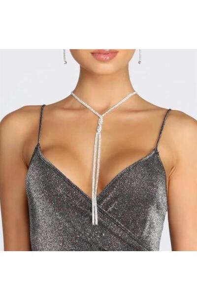 BİJUTERRİ Gümüş Kaplama Su Yolu Çapraz Kolye Taşlı Uzun Kolye Choker Kolye Ka...