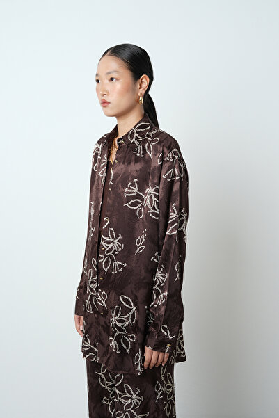 Orfeo Negro Women's Floral Patterned Brown Oversize Cut Shirt