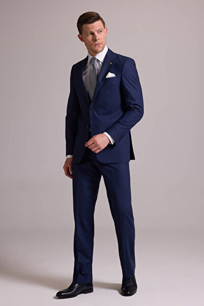 Ysf Erkek Lacivert Regular Fit Kareli Yün Mono Yakalı Takım Elbise