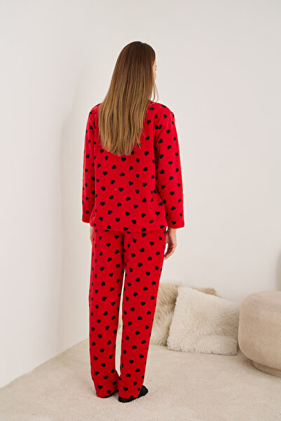 Siyah İnci kırmızı siyah kalp desenli Nakışlı Polar Kışlık Örme Pijama Takım