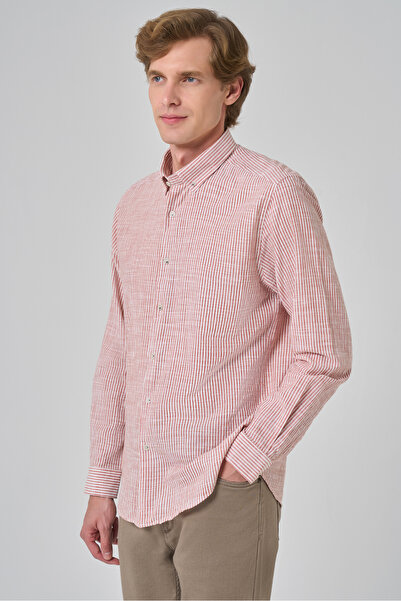 Morven Чоловіча помаранчева бавовняна сорочка з трендовим смугастим принтом, динамічним кроєм та ґудзиковим коміром