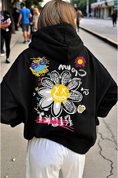 ArtYus سويت شيرت بقلنسوة كبير الحجم من القطن مطبوع عليه X Daisy Colorful للجنسين