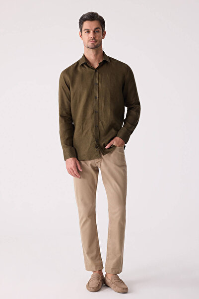 Ysf Men's Khaki Green Slim Fit Classic Collar Linen Shirt