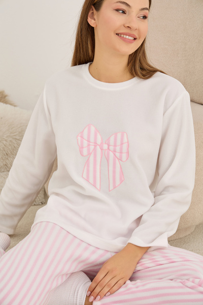 Siyah İnci White Pink Striped Bow Embroidered Fleece Winter Knitted Pajamas Suit