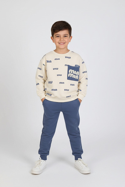 kinderos طقم مين مين للأولاد مكون من قطعتين مطرز وسميك - 2303